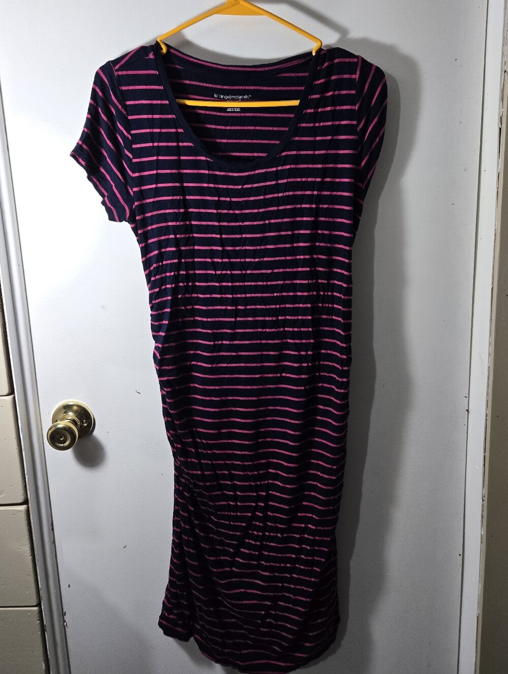 Liz Lange Maternity Chic French Girl Loungewear Edgy Navy Pink Midi Dress SZ XS